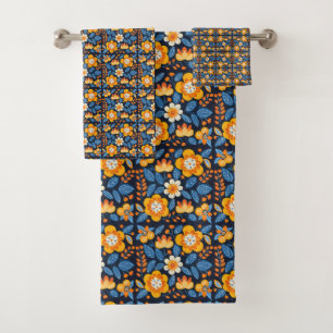 Bold Retro Floral Illustration in Orange and Blue Bath Towel Set