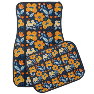Bold Retro Floral Illustration in Orange and Blue Car Floor Mat