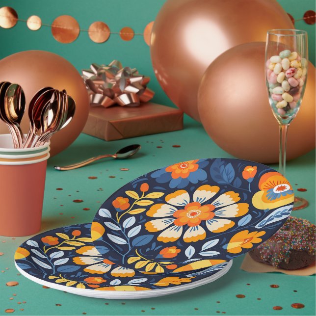 Bold Retro Floral Illustration in Orange and Blue Paper Plates (Multi)