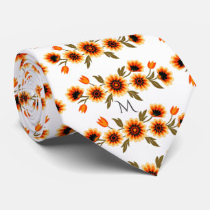 Bold Retro Floral Pattern in Orange Yellow Black Neck Tie
