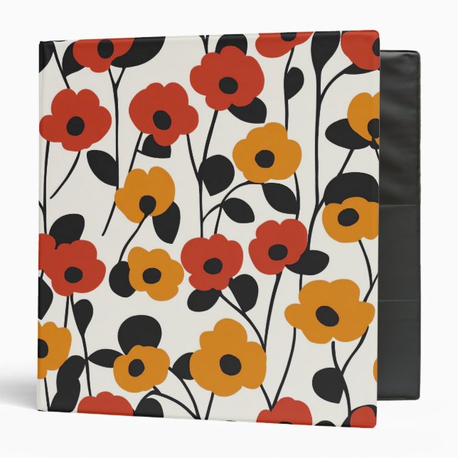 Bold Retro Floral Pattern Red, Orange, and Black 3 Ring Binder (Front/Inside)