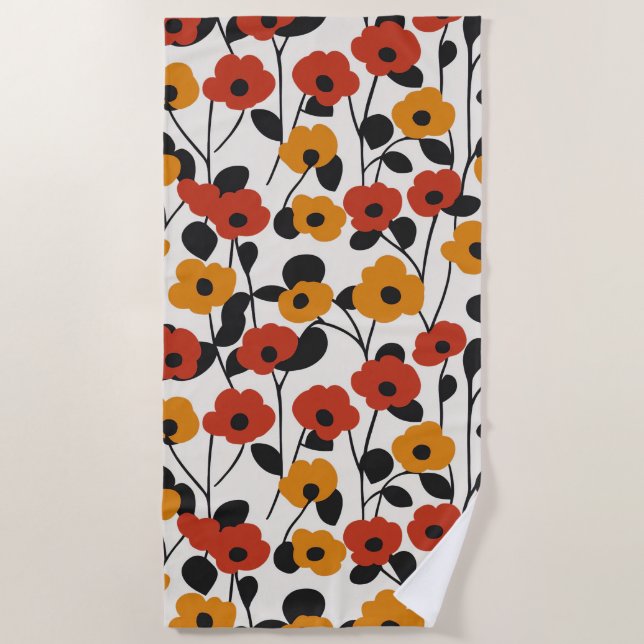 Bold Retro Floral Pattern Red, Orange, and Black Beach Towel (Front)