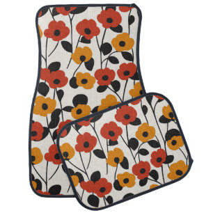 Bold Retro Floral Pattern Red, Orange, and Black Car Floor Mat