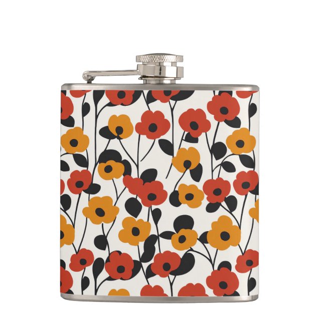 Bold Retro Floral Pattern Red, Orange, and Black Flask (Front)
