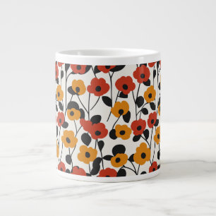 Bold Retro Floral Pattern Red, Orange, and Black Giant Coffee Mug