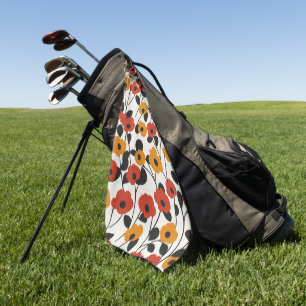 Bold Retro Floral Pattern Red, Orange, and Black Golf Towel