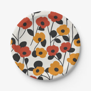 Bold Retro Floral Pattern Red, Orange, and Black Paper Plates