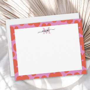 Bold Retro Floral Pink and Orange Monogram Note Card