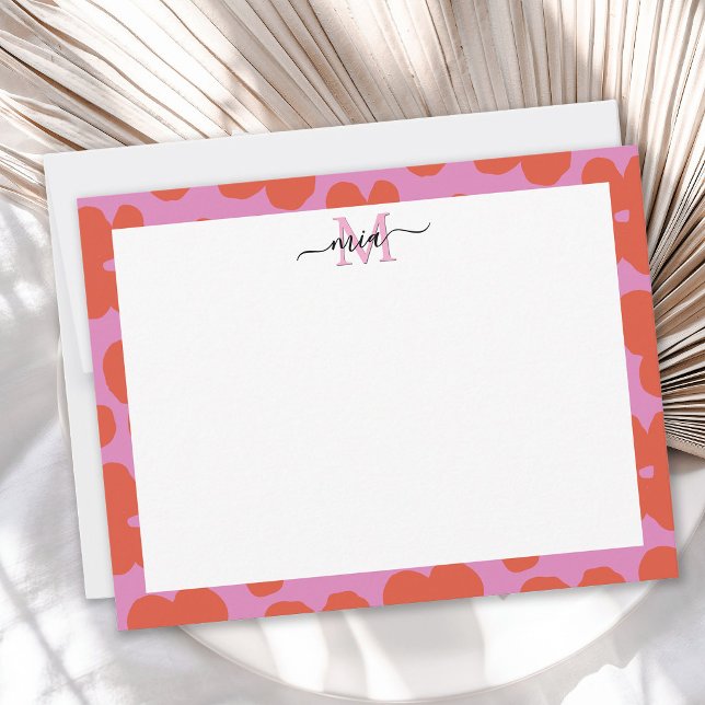 Bold Retro Floral Pink and Orange Monogram  Note Card (Creator Uploaded)