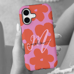 Bold Retro Flowers Pink and Orange with Monogram iPhone 17 Case