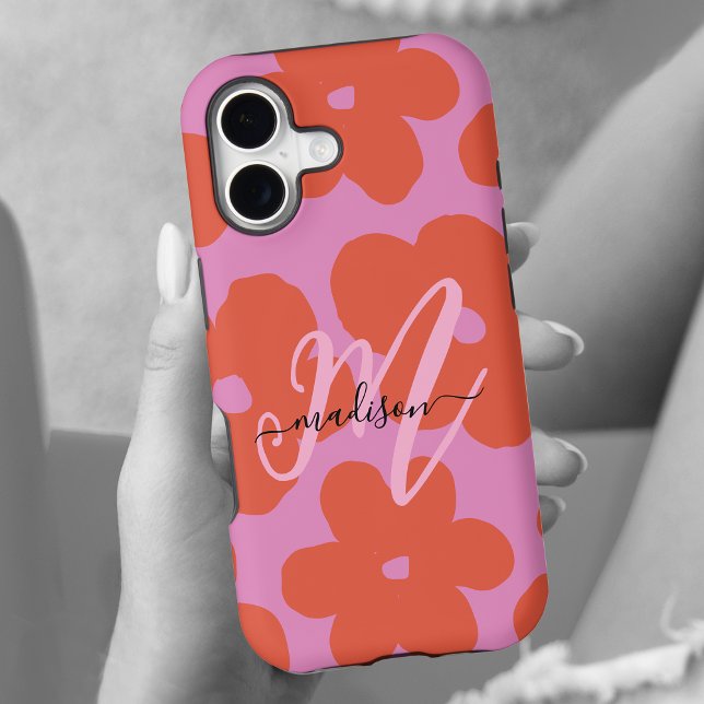 Bold Retro Flowers Pink and Orange with Monogram iPhone Case (Creator Uploaded)