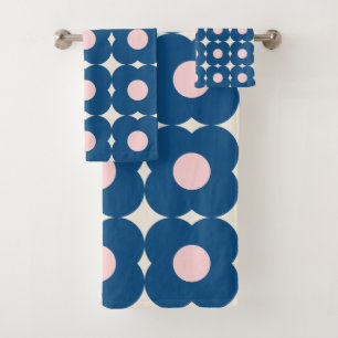 Bold Retro Geometric Floral Pattern Blue and Pink Bath Towel Set
