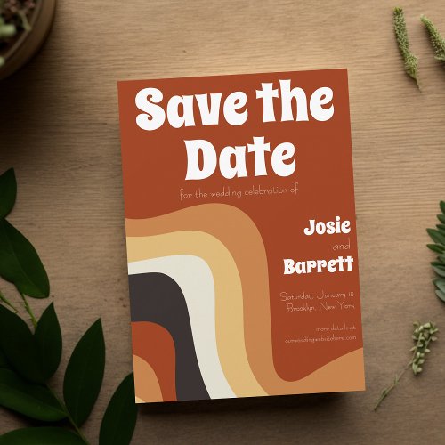 Bold Retro Groovy 70s Wavy Orange Brown Funky Save The Date