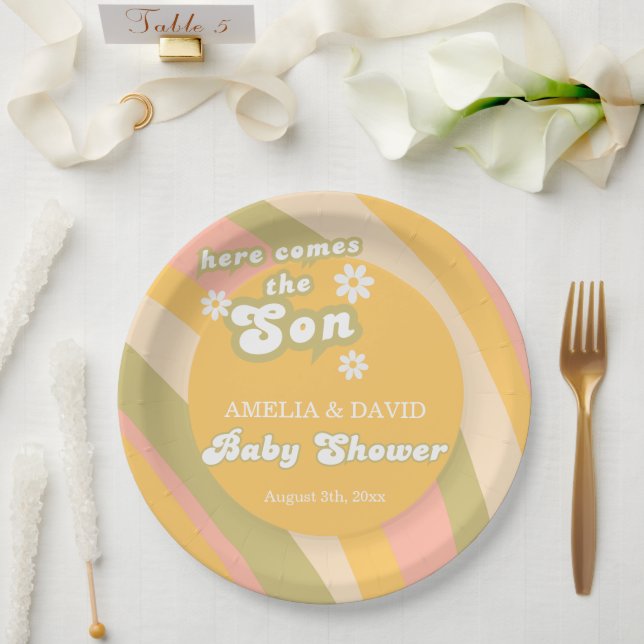 Bold Retro Groovy Boy Shower Sunshine Party Paper Plates (Wedding)