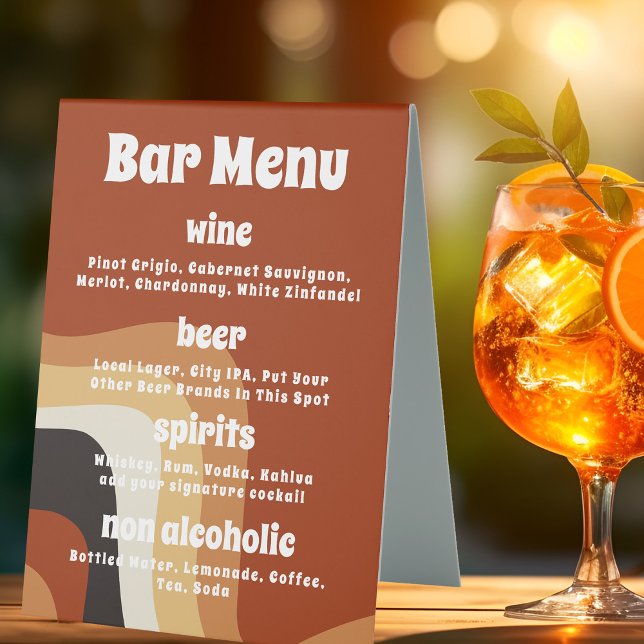 Bold Retro Groovy Orange 70s Boho Wedding Bar Menu Table Tent (Creator Uploaded)
