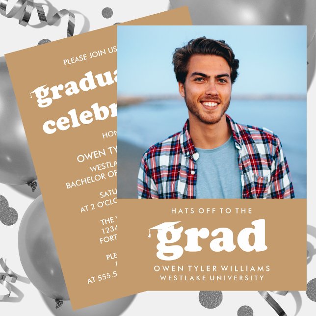 BOLD RETRO HATS OFF TO THE GRAD PHOTO GRAD INVITE (Creator Uploaded)
