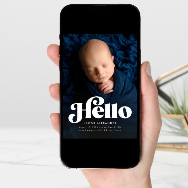 Bold retro hello cute blue photo birth announcement (Front Digital)