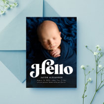 Bold retro hello cute blue photo birth announcement