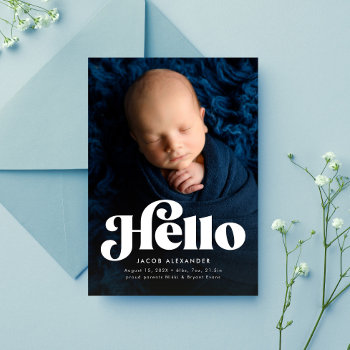 Bold Retro Hello Cute Blue Photo Birth Announcement by LeaDelaverisDesign at Zazzle