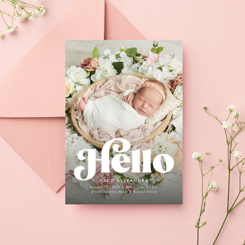 Bold retro hello cute photo pink birth announcement