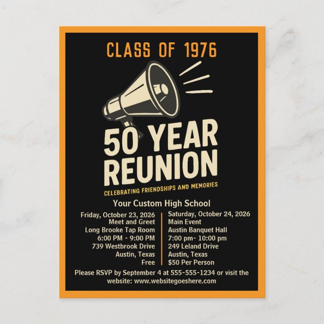 Bold Retro High School Reunion Pep Rally Megaphone Postcard (Front)
