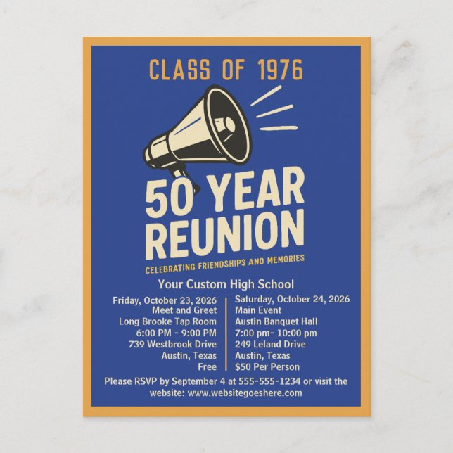 Bold Retro High School Reunion Pep Rally Megaphone Postcard (Front)