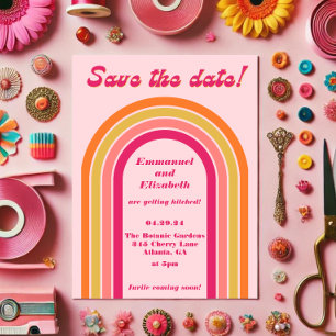 Bold Retro Hot Pink, Orange & Yellow Wedding Save The Date