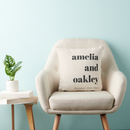 Bold Retro Ivory Couple Names Wedding Keepsake Throw Pillow