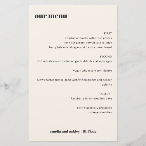 Bold Retro Ivory Wedding Reception Dinner Menu