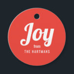 Bold Retro Joy Holiday Name Christmas Gift Tags<br><div class="desc">These modern styled gift tags stand out from the crowd with retro styled typography reading,  "Joy, " along with a bold orange red background! The background color can be customized to any color you'd like! The back contains a hand drawn colorful snowflakes pattern.</div>