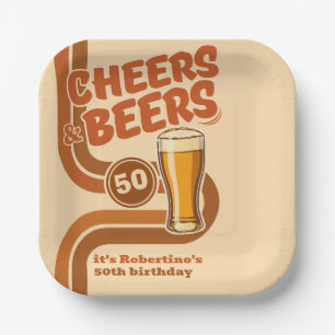Bold Retro Line Cheers & Beers 50th Birthday Paper Plates