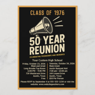 Bold Retro Megaphone 50 Year High School Reunion Invitation