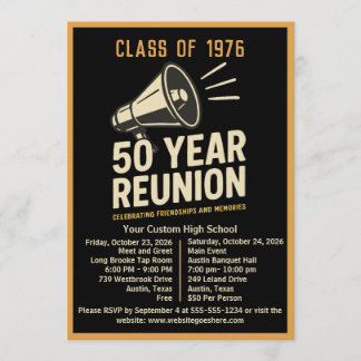 Bold Retro Megaphone 50 Year High School Reunion Invitation