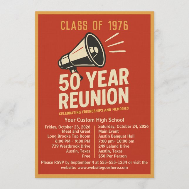 Bold Retro Megaphone 50 Year High School Reunion Invitation (Front)