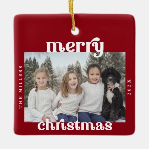 Bold Retro Merry Christmas red  Photo  Ceramic Ornament