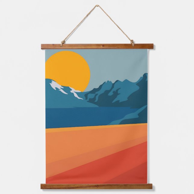Bold Retro Mountain Scene – Red and Blue Minimalis Hanging Tapestry (Front)
