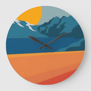 Bold Retro Mountain Scene – Red and Blue Minimalis Large Clock