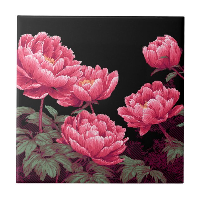 Bold Retro Peonies Ceramic Tiles For Stylish Entry (Front)