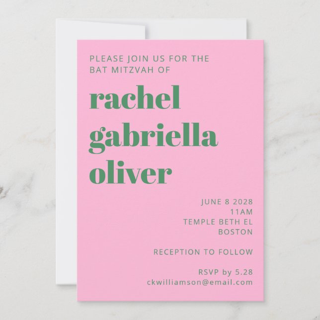 Bold Retro Pink and Green Simple Cute Bat Mitzvah Invitation (Front)