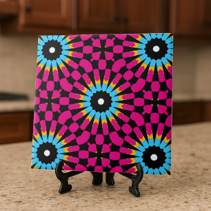 Bold Retro Pink Blue Black Geometric Mandala Ceramic Tile