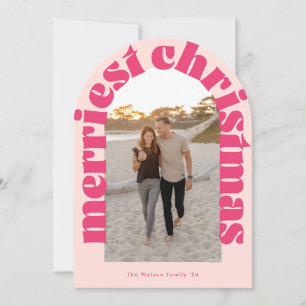 Bold Retro Pink Photo Merriest Arch Holiday Card