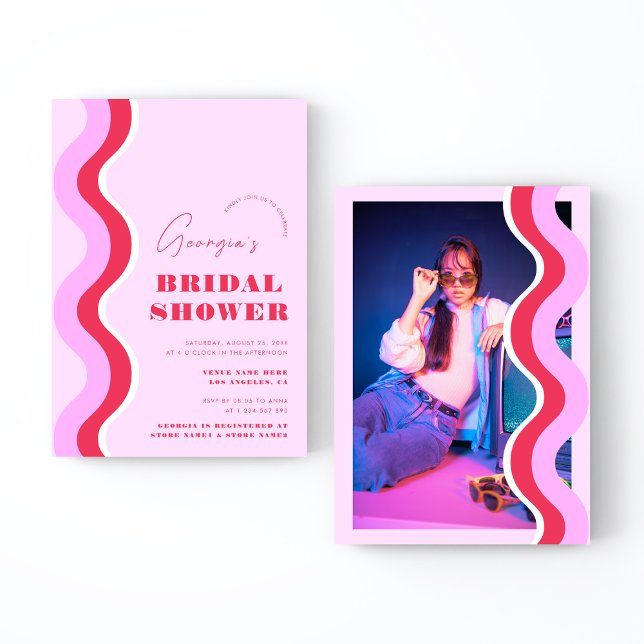 Bold Retro Pink & Red Bridal Shower with Photo Invitation (Creator Uploaded)