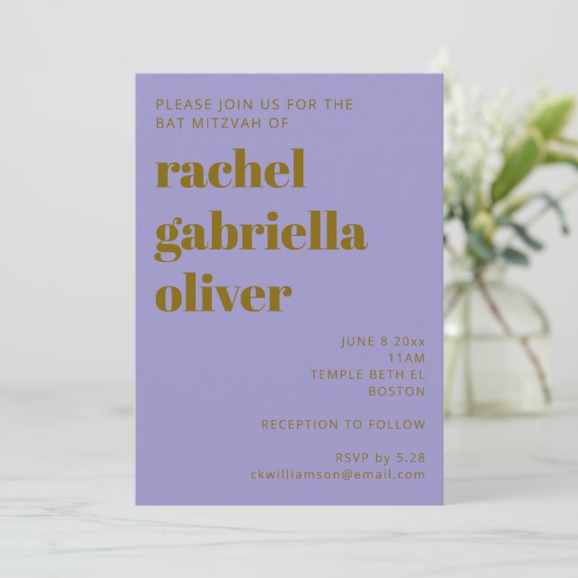 Bold Retro Purple Gold Simple Cute Bat Mitzvah Invitation (Standing Front)
