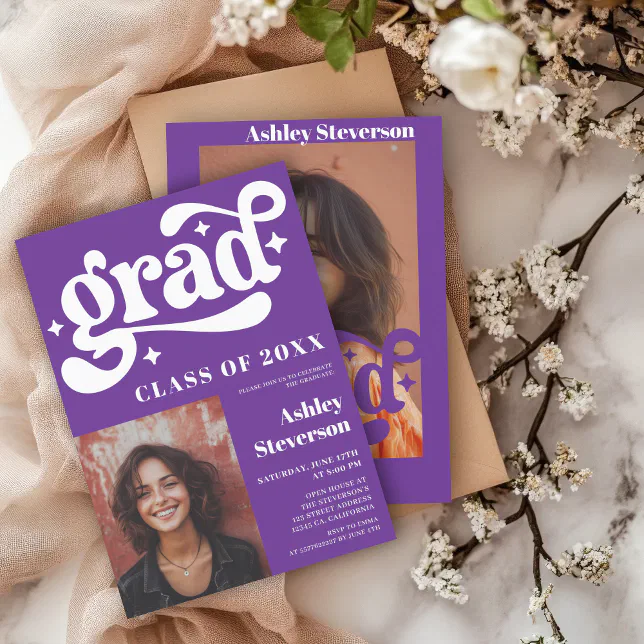 Bold Retro Purple Groovy 2 photos Graduation Party Invitation | Zazzle