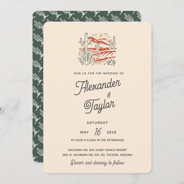 Bold Retro Saguaro Cactus Desert Landscape Wedding Invitation (Front/Back)