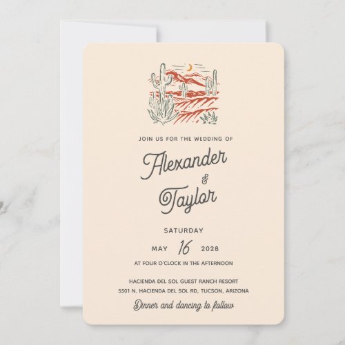 Bold Retro Saguaro Cactus Desert Landscape Wedding Invitation