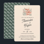 Bold Retro Saguaro Cactus Desert Landscape Wedding Invitation<br><div class="desc">A fun and modern illustrated desert wedding invitation card with bold colors of orange-yellow, red and green, an illustration of a desert landscape with saguaro cactus and the moon, modern script font for the spouse's names and a fun saguaro cacti pattern on the dark green backer. Fully customizable text template...</div>