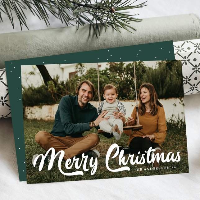 Bold Retro Script Merry Christmas 2 Photo Holiday Card (Creator Uploaded)