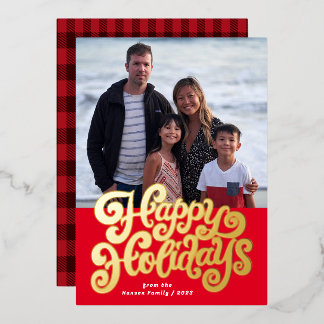 Bold Retro Script Square Photo Foil Holiday Card