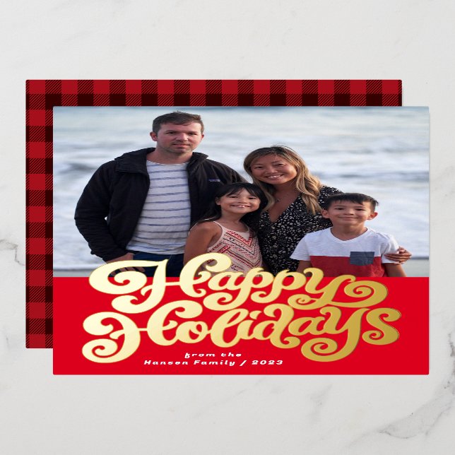 Bold Retro Script Square Photo Foil Holiday Card (Front/Back)